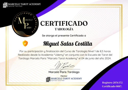 Diploma y certificado del Curso de Tarot Academia Marcelo París